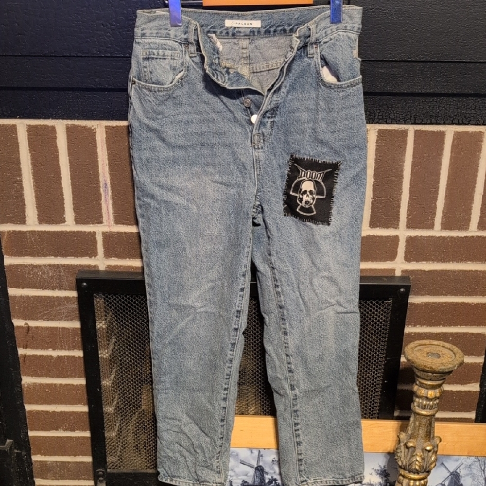 PacSun Light Blue Straight Leg Jeans with Skull Patch